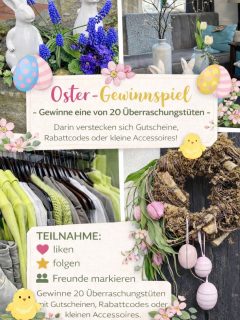 🌼GEWINNSPIEL🌼
Das GK Mode Team verlost zu Ostern 
20 Überraschungstüten mit Gutscheinen, Rabattcodes oder kleinen schönen Accessoires.🐰🌸

Lasst euch überraschen!💐

Was ihr tun müsst um dabei zu sein ?
🐰Like den Beitrag
🐰markiere eine Person
🐰abonniere unseren Instagram Kanal

Das Gewinnspiel endet am 01. April 2026 um 23:59 Uhr! 

Teilnahmberechtigt sind alle volljährigen Personen mit Wohnsitz in Deutschland.
Dieses Gewinnspiel steht in keinem Zusammenhang mit Instagram und Facebook.
Die oder der Glückliche wird per DM von uns benachrichtigt.

Also auf geht’s und viel Glück
🍀 Euer GK Mode Team 🍀  #heimatshoppen #gewinnspiel #ostern
